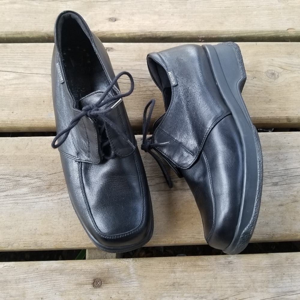 Vintage 90s y2k Mephisto Comfort Square‎ Toe Chunky Heel Black Leather Oxfords 8